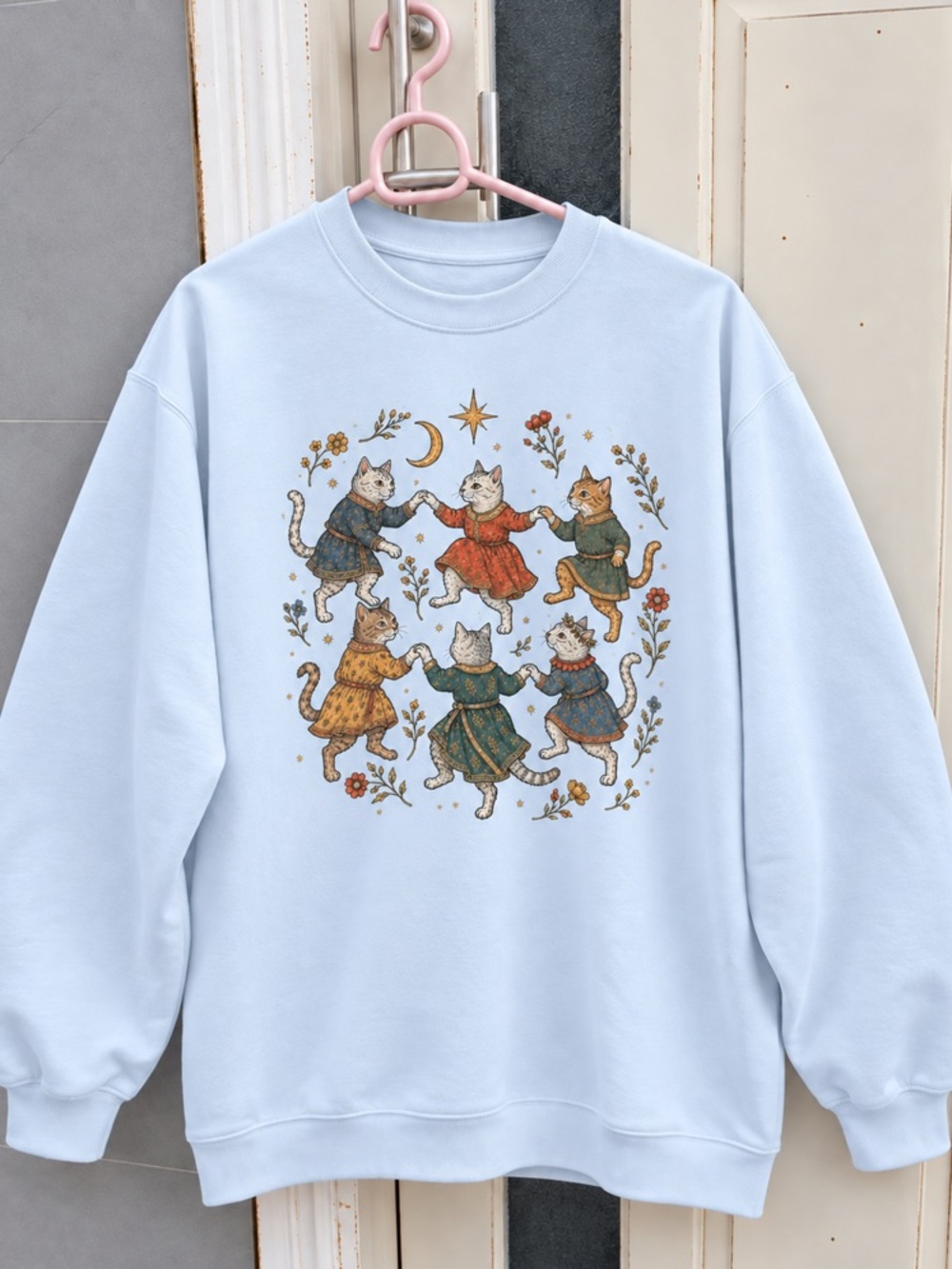 Dancing Cats Whimsical Graphic Light Blue Crewneck Sweatshirts